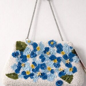Blue & White Floral Beaded Clutch Bag